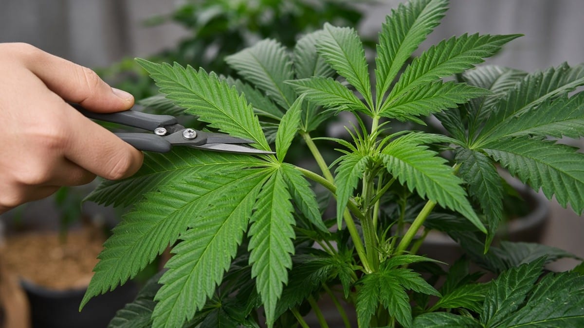 Hand using pruning scissors to remove a fan leaf from a cannabis plant.
