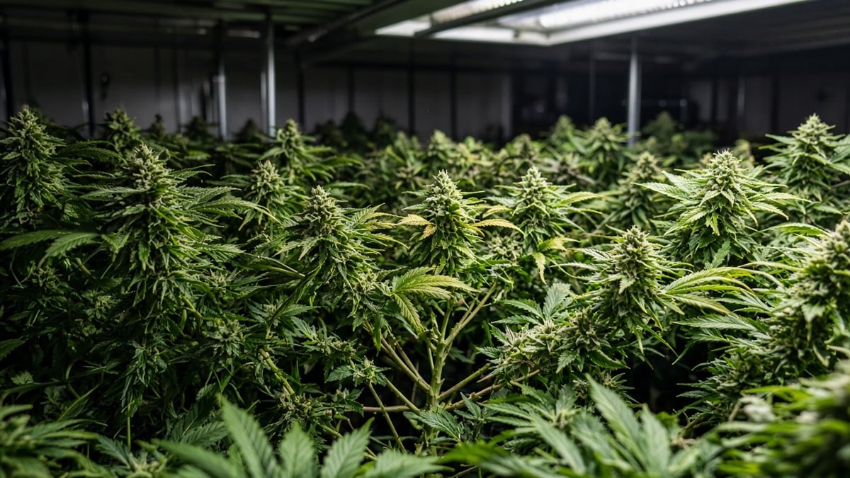 Flowering cannabis canopy after selective leaf removal, still leafy.