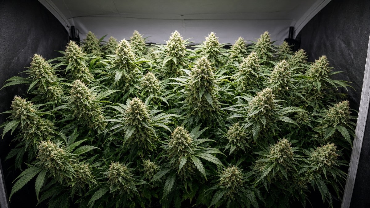 Week-7 flowering cannabis canopy with buds and large fan leaves in a grow tent.