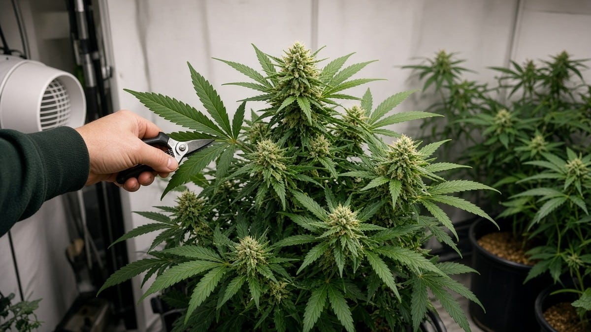 Hand using scissors to selectively remove one fan leaf from a flowering cannabis plant.