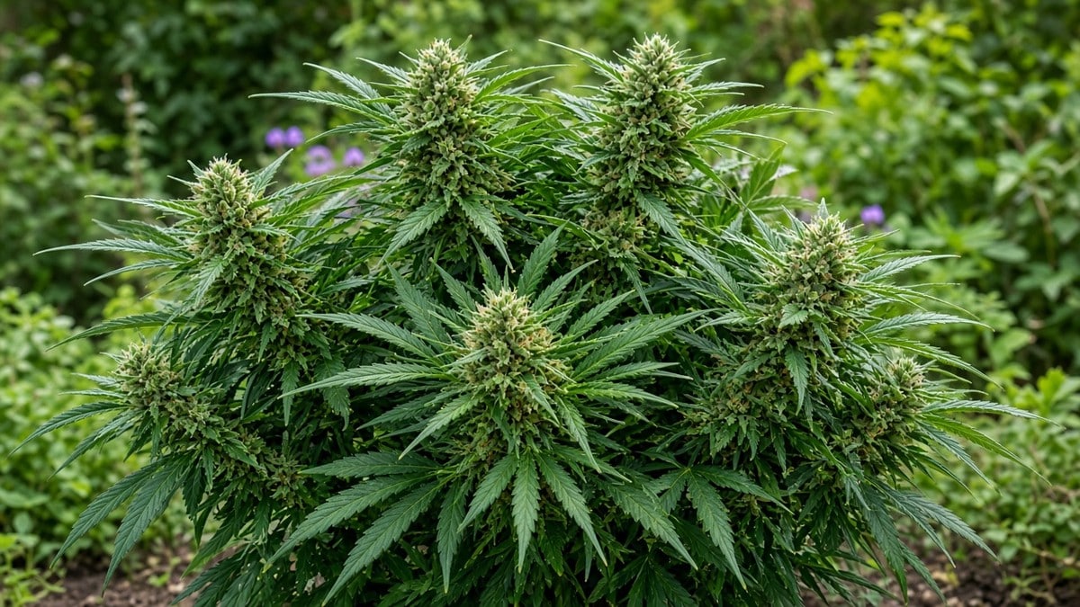 Dense flowering cannabis plant with intact canopy that should not be aggressively stripped.