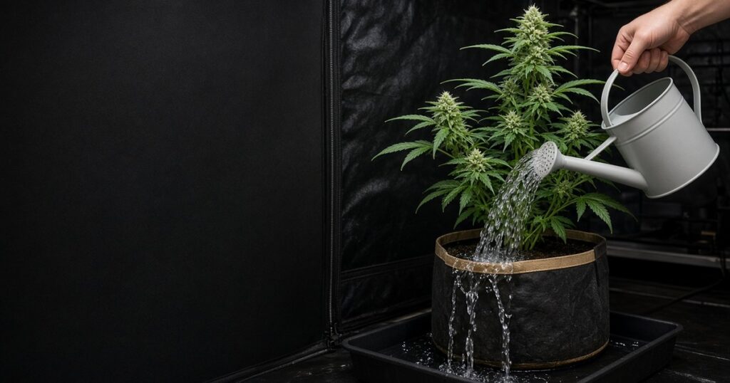 Grower pouring clear water into a potted flowering cannabis plant with runoff tray