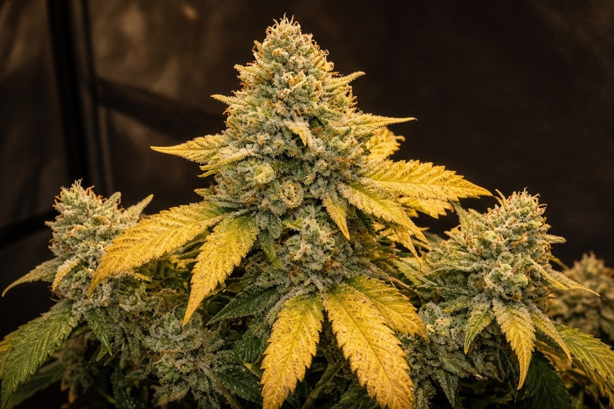 Late-flower plant with naturally fading fan leaves before harvest
