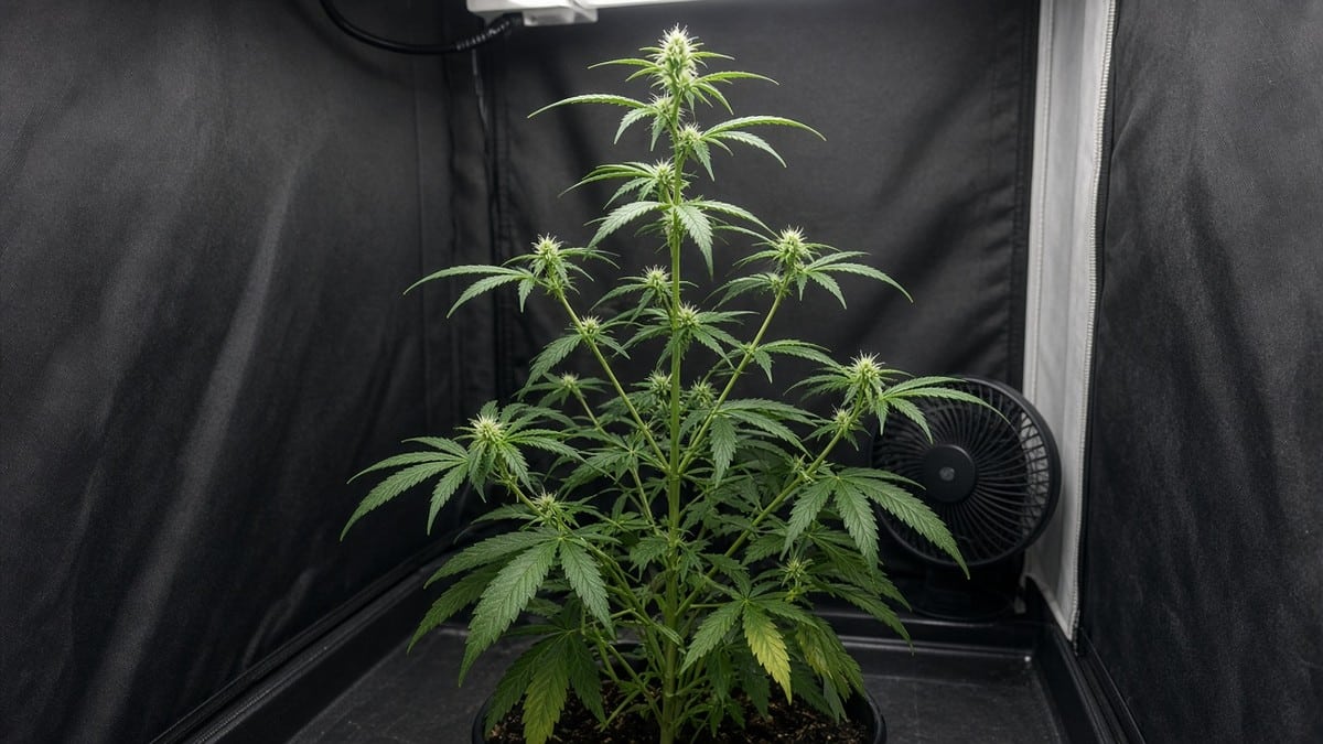 Cannabis plant in early flower stretch with small white pistils inside a grow tent.
