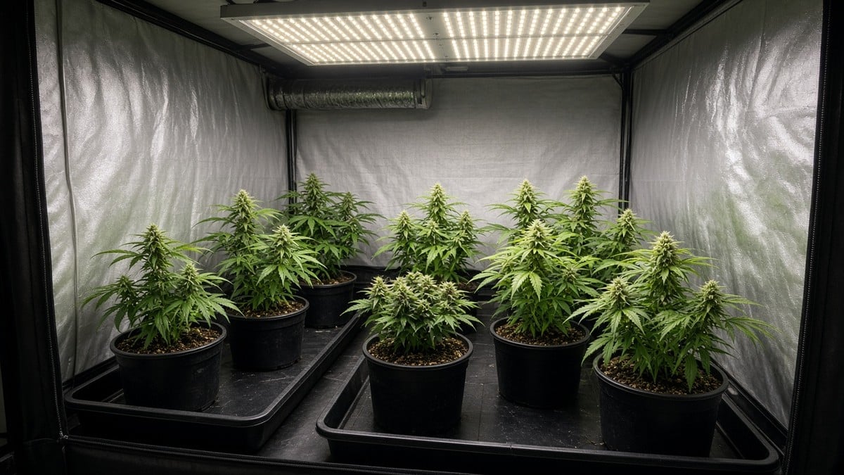 Indoor grow tent with several early-flower cannabis plants under LED lights.