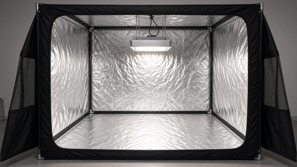 Empty grow tent setup with reflective lining and hanging light.