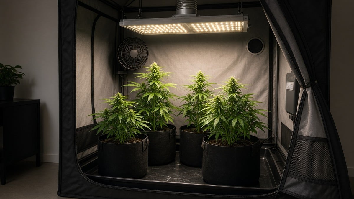 Operating grow tent with cannabis plants under lights.