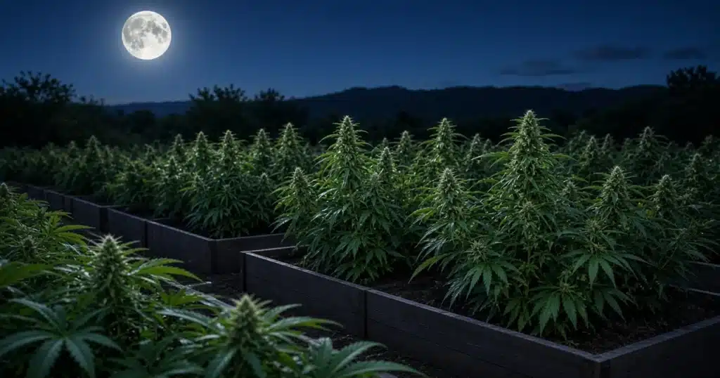 Full moon over rows of cannabis plants in raised beds at dusk