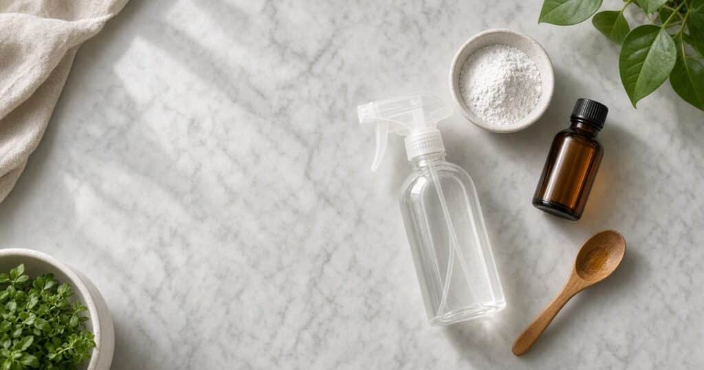 DIY spray bottle with baking soda and neem flat lay