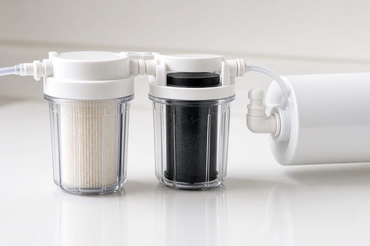 Close-up of reverse osmosis filter stages: sediment, carbon and membrane