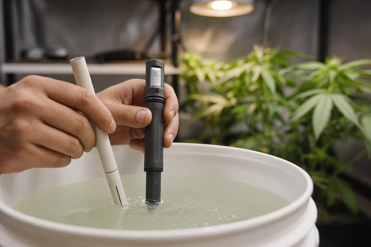 Grower checking pH and EC of a nutrient mix made with RO water