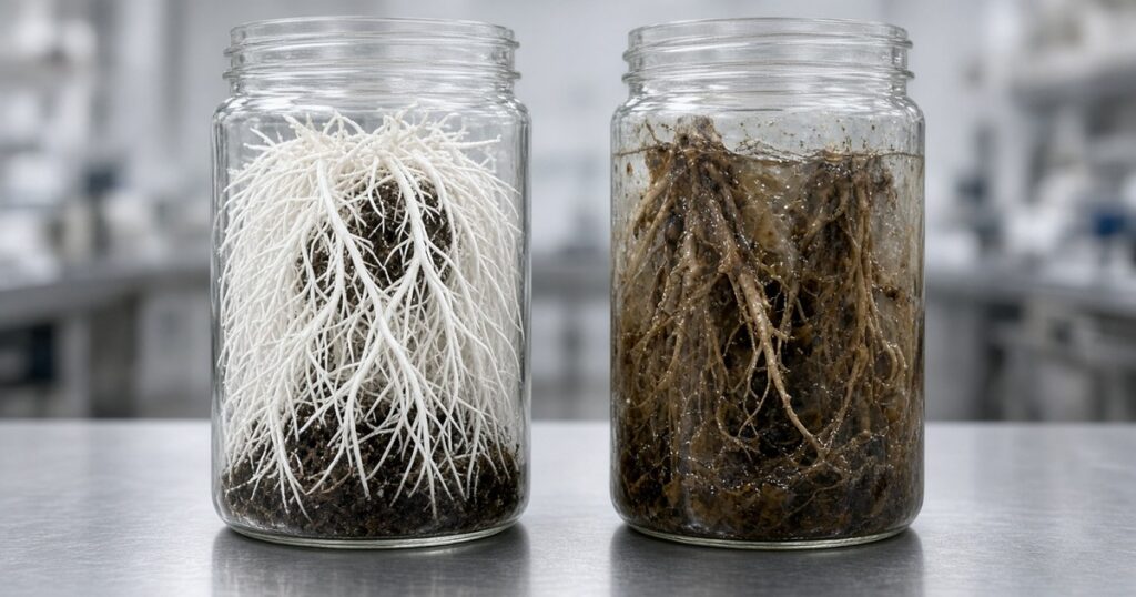 Healthy white cannabis roots vs rotting brown roots
