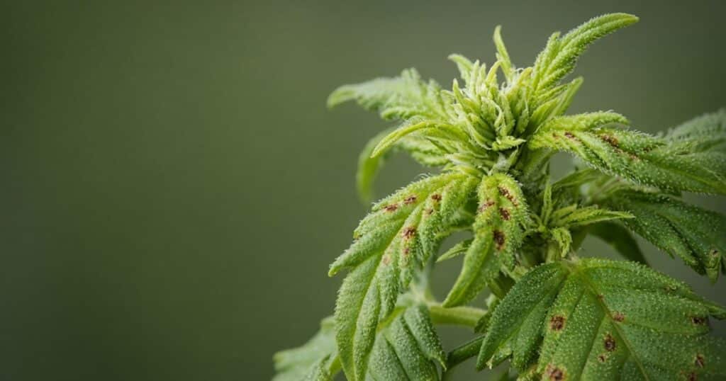 Close-up of cannabis new growth with brown calcium-deficiency spots