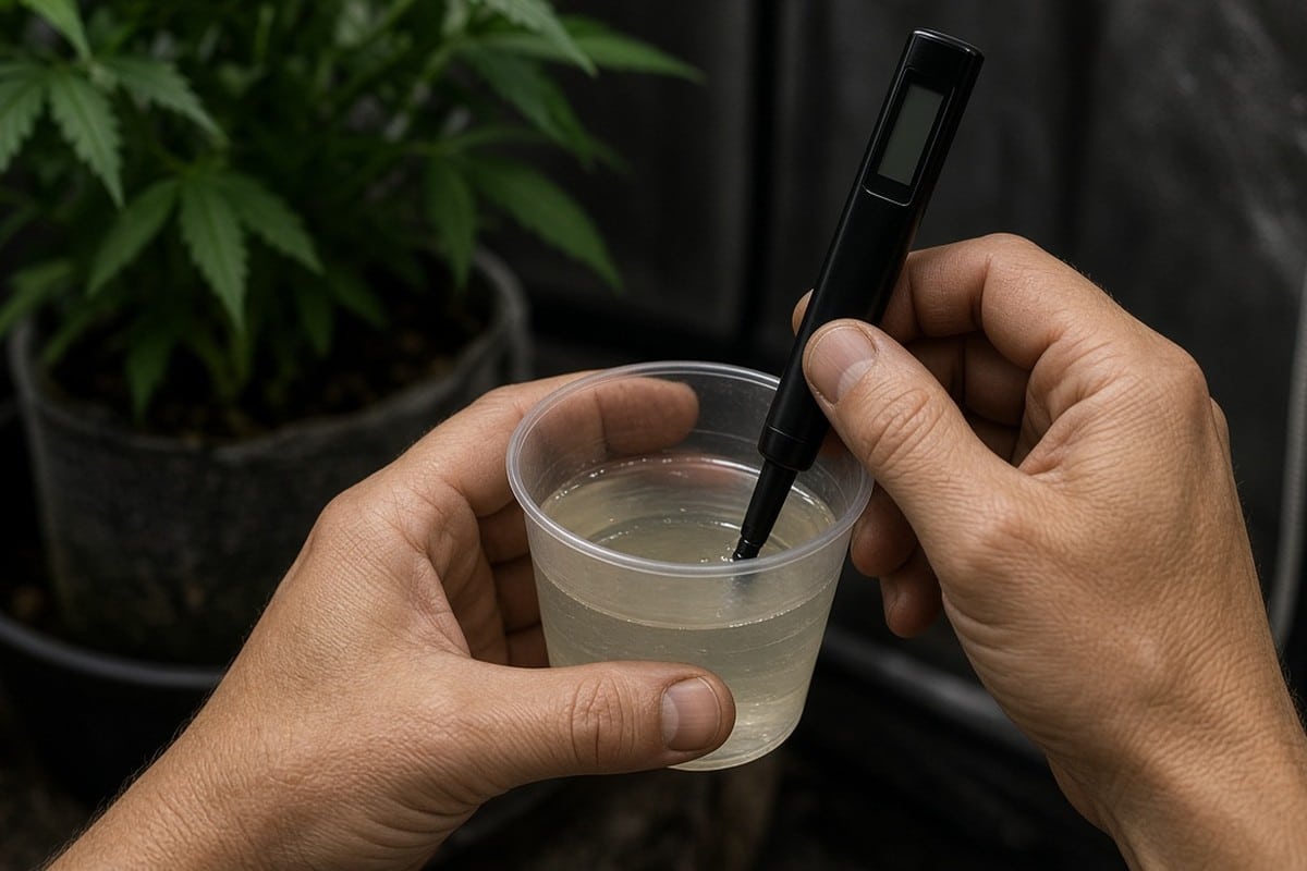 Grower measuring runoff pH from a pot