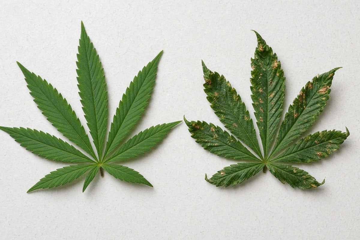 Side-by-side healthy vs calcium-stressed young leaves