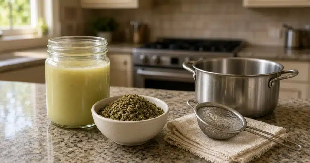 Jar of pale green cannabutter with ground flower, a saucepan, cheesecloth and a strainer on a kitchen counter