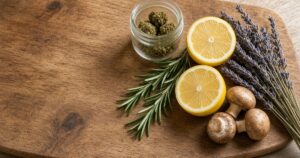 Board with lemon, rosemary, lavender and mushrooms beside a small glass jar of cannabis buds