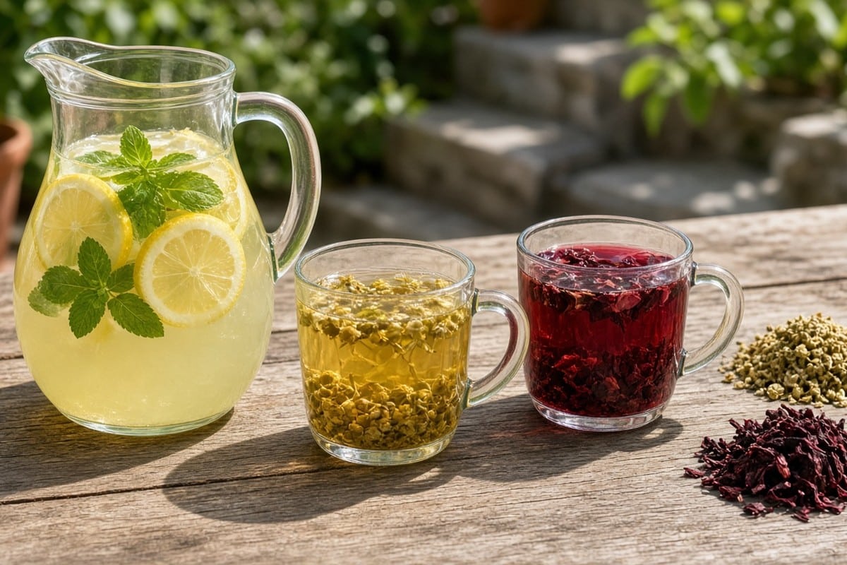 Non-alcoholic lemonade and herbal teas on a table