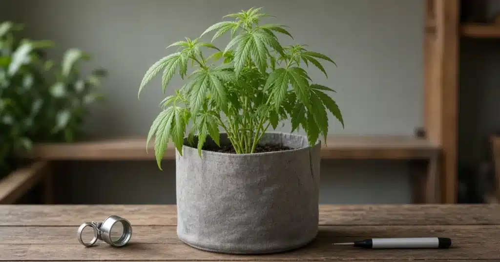 Cannabis plant in a gray fabric pot on a wooden bench with a hand lens and a pH pen beside it