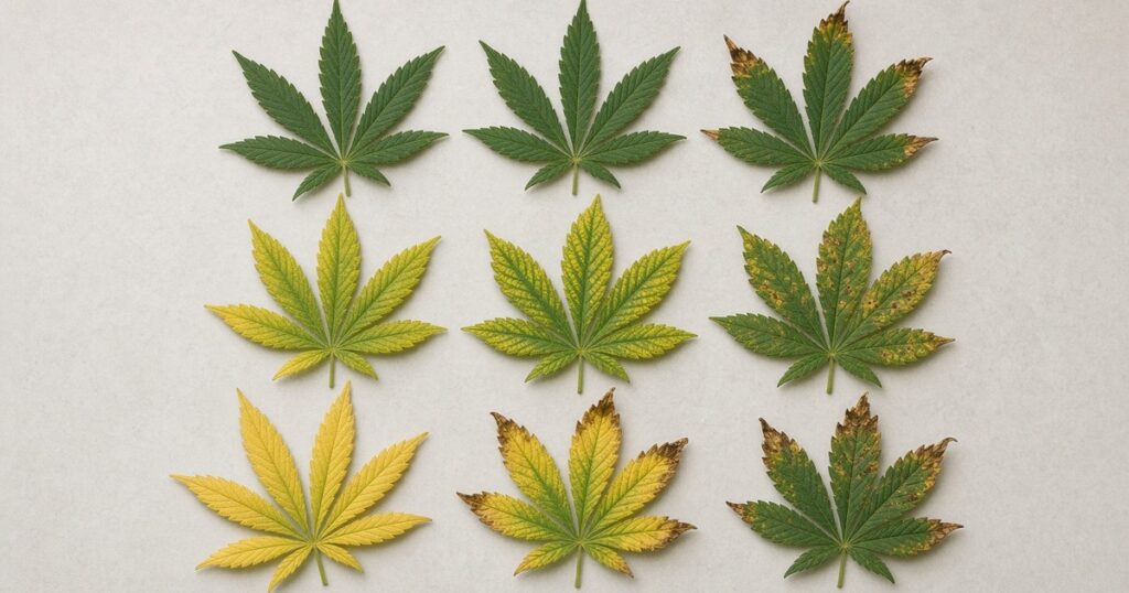 Cannabis leaf symptom collage showing multiple deficiency looks