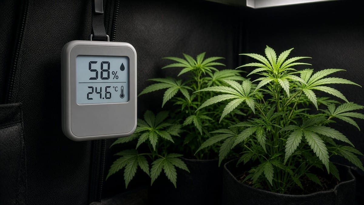 Digital hygrometer hanging in a grow tent near cannabis plants.