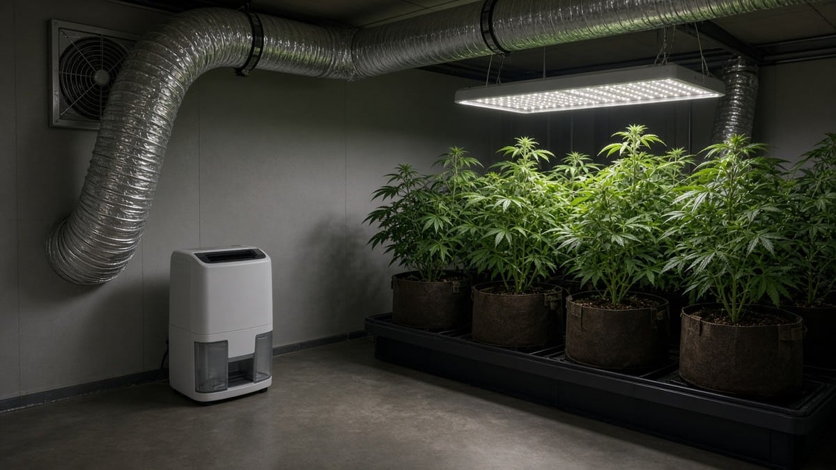 Grow room with dehumidifier and ventilation near cannabis plants.