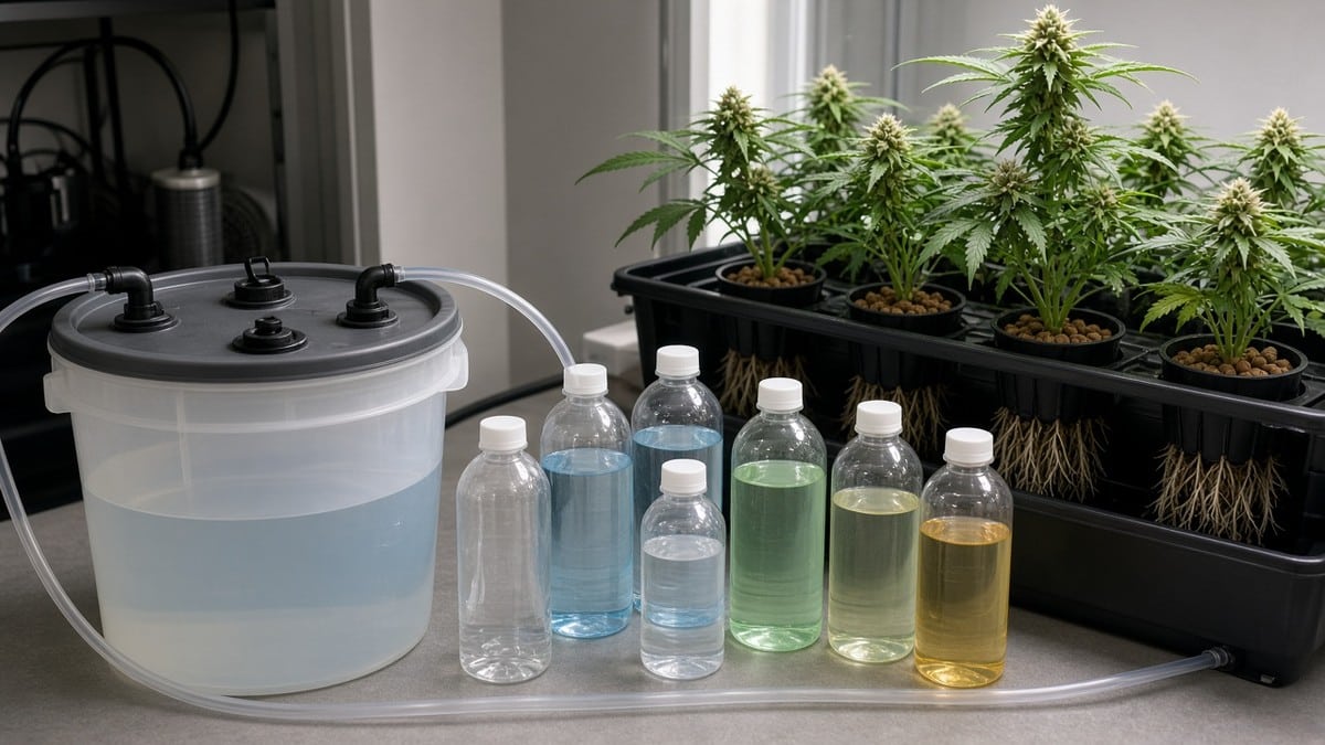 Hydroponic nutrient reservoir with unmarked bottles and cannabis net pots.