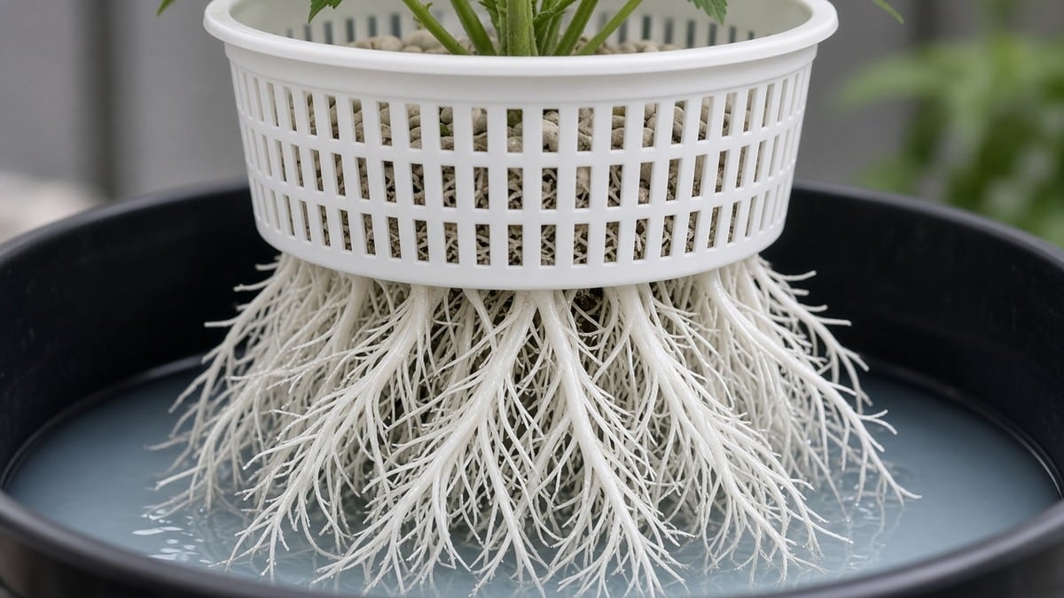 Healthy white hydroponic cannabis roots from a net pot.