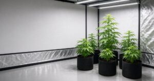 Indoor grow tent with lights and cannabis plants