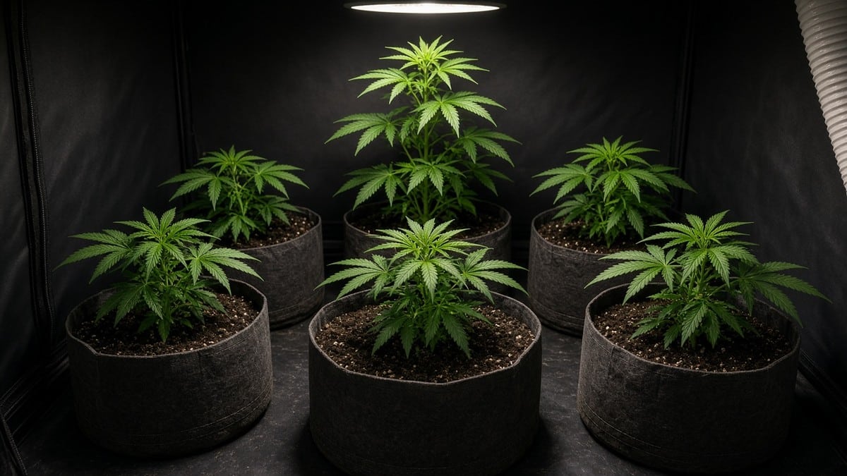 Soil fabric pots with cannabis plants inside a grow tent.