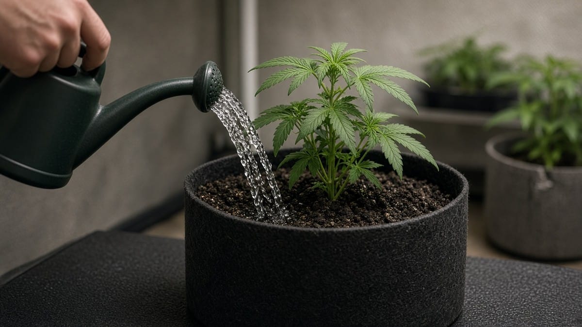 Hand watering soil-grown cannabis in a fabric pot.