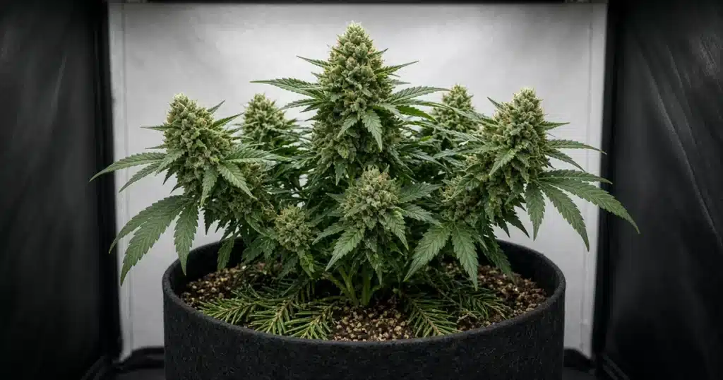 Compact bushy indica cannabis plant in a grow tent with pine sprigs on the soil