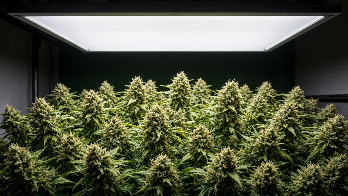 Flowering cannabis canopy under an LED grow light.