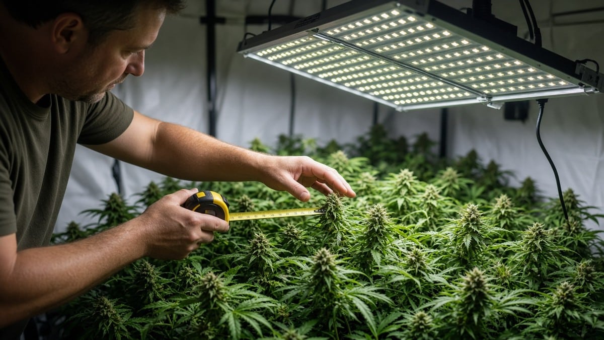 Grower measuring distance from LED light to cannabis canopy.
