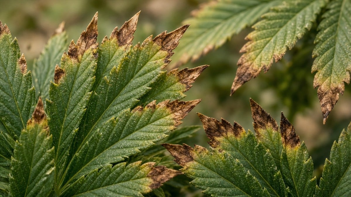 Cannabis leaf tips with nutrient burn stress.