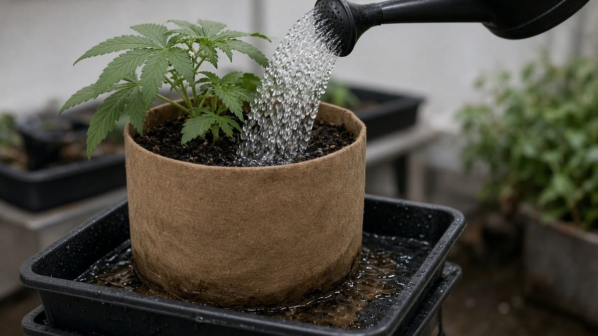 Watering a cannabis pot until runoff drains into a tray.