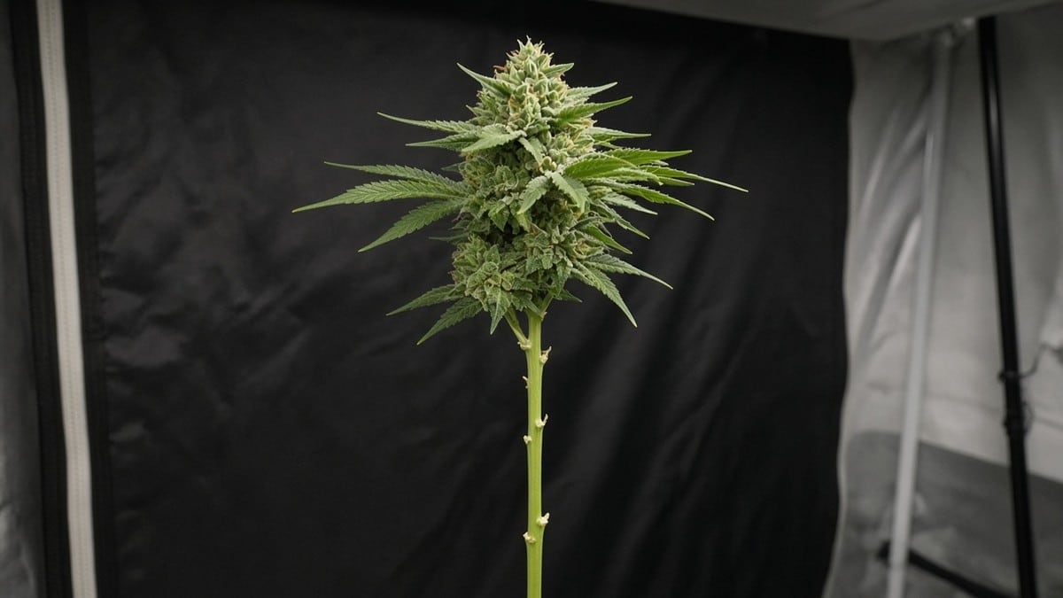 Lollipopped cannabis stem cleared of lower growth with canopy concentrated at the top.