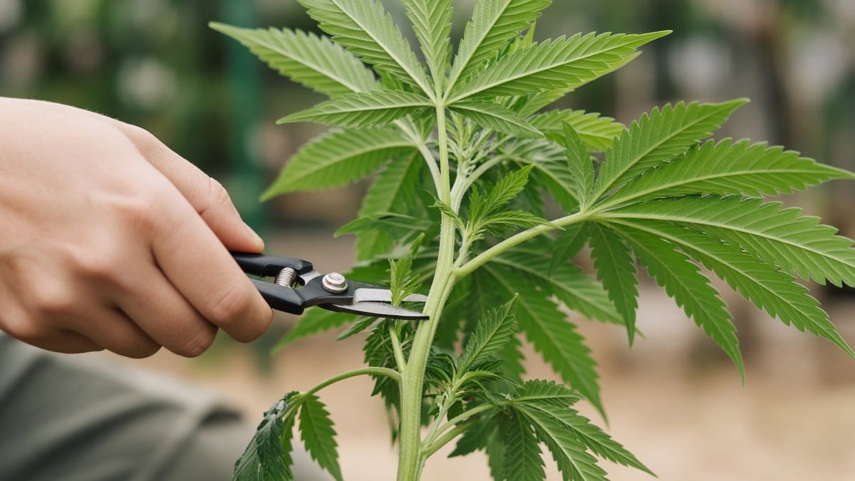 Hand using pruning scissors to remove lower growth from a cannabis stem.