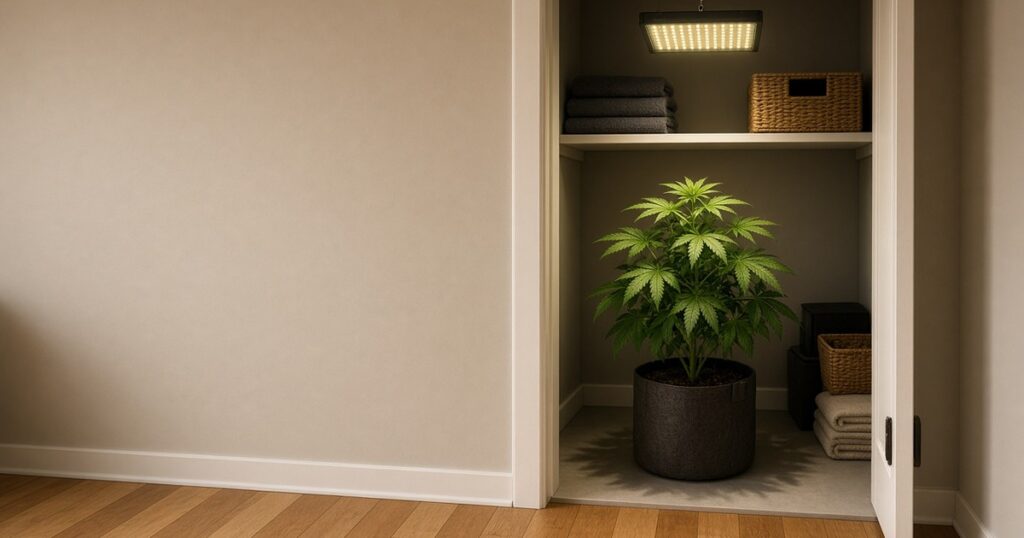 Small closet micro-grow with compact plants under LED