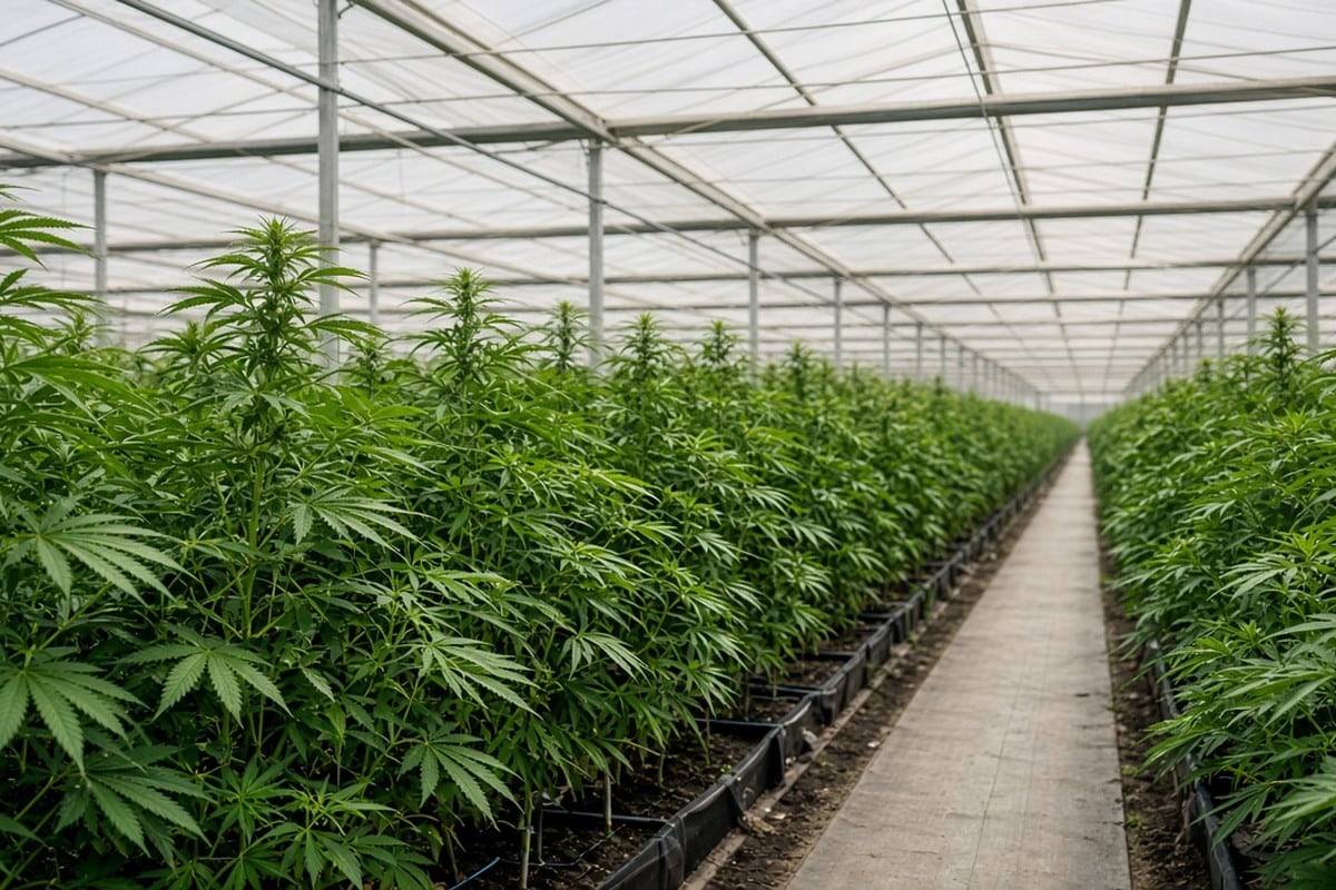 Large greenhouse rows of cannabis plants