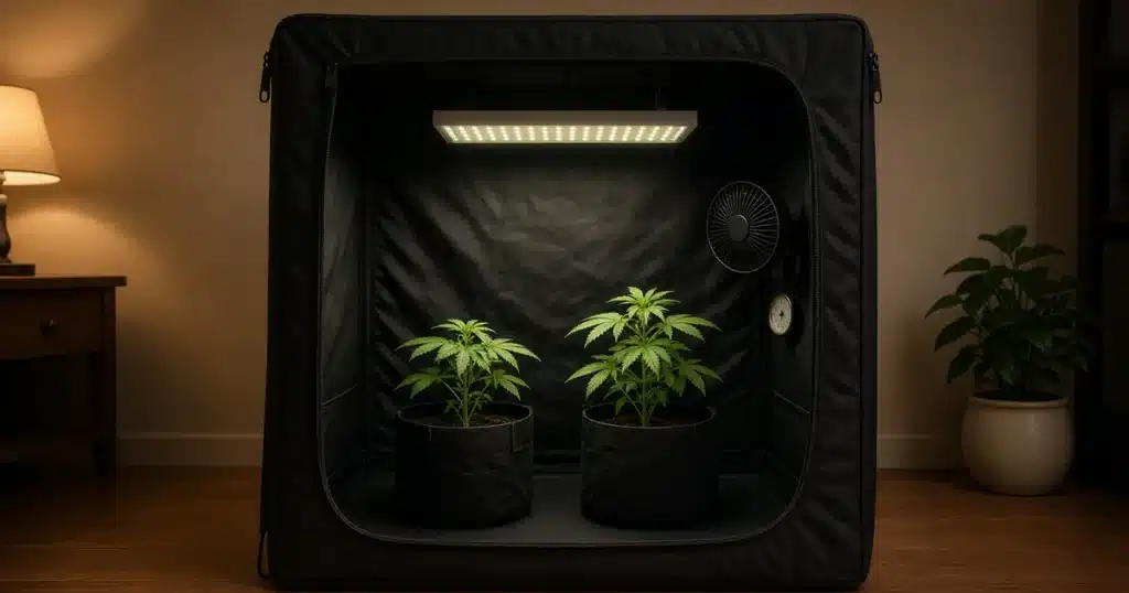 Small open grow tent with two cannabis plants in fabric pots under a slim LED panel, with a clip fan and a thermometer