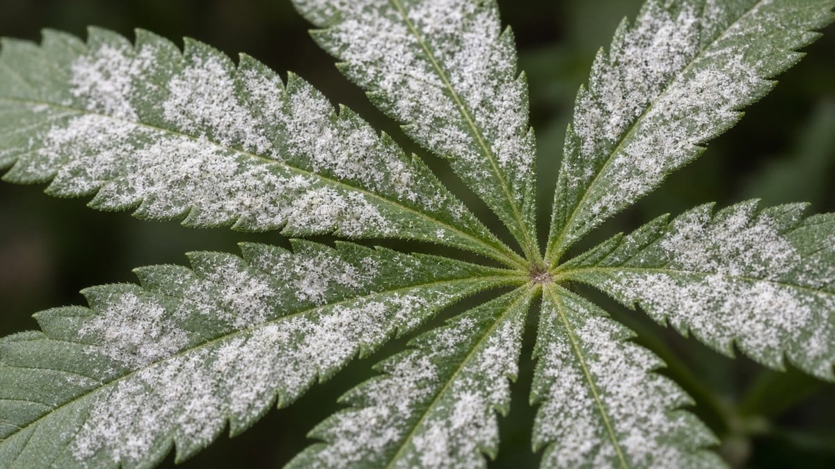 Cannabis leaf showing white powdery mildew.
