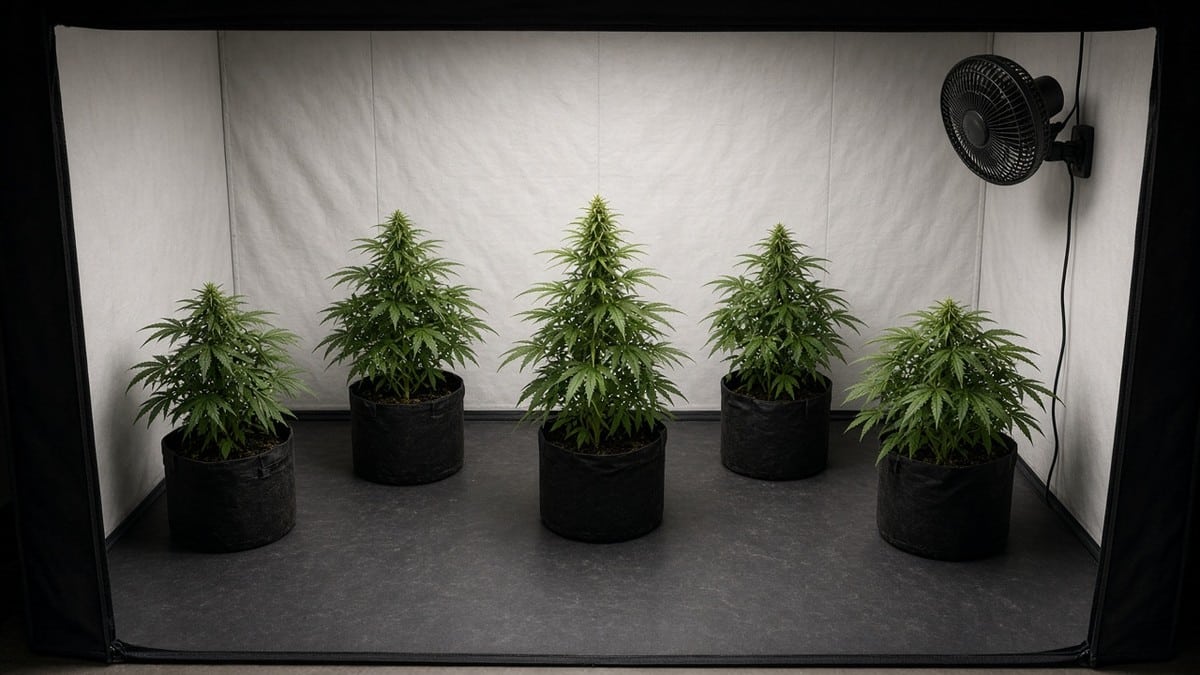 Spaced cannabis plants in a tent with a circulation fan for airflow.