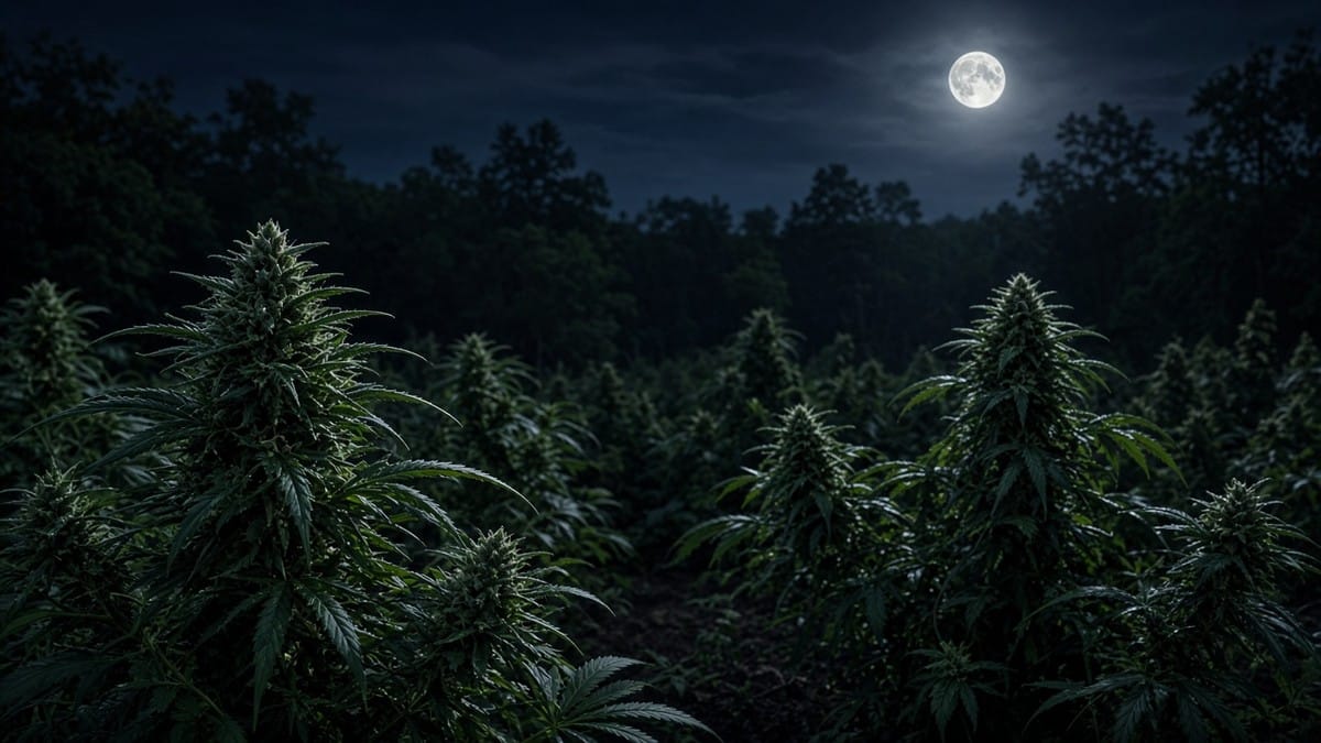 Outdoor cannabis garden under moonlight.