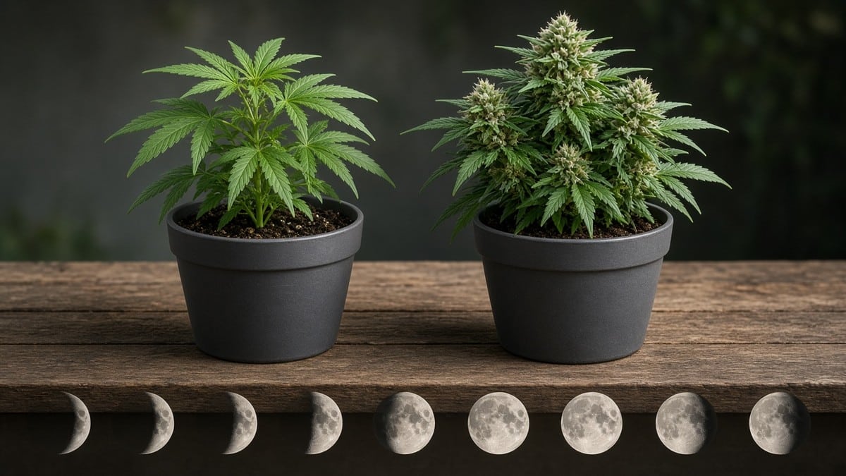 Cannabis veg plant beside flowering plant with moon phase cues.