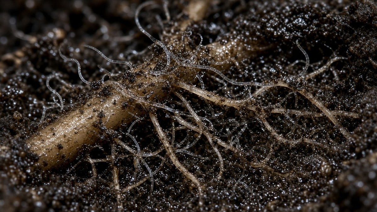 Macro of cannabis roots in moist soil with tiny hair-thin nematodes.