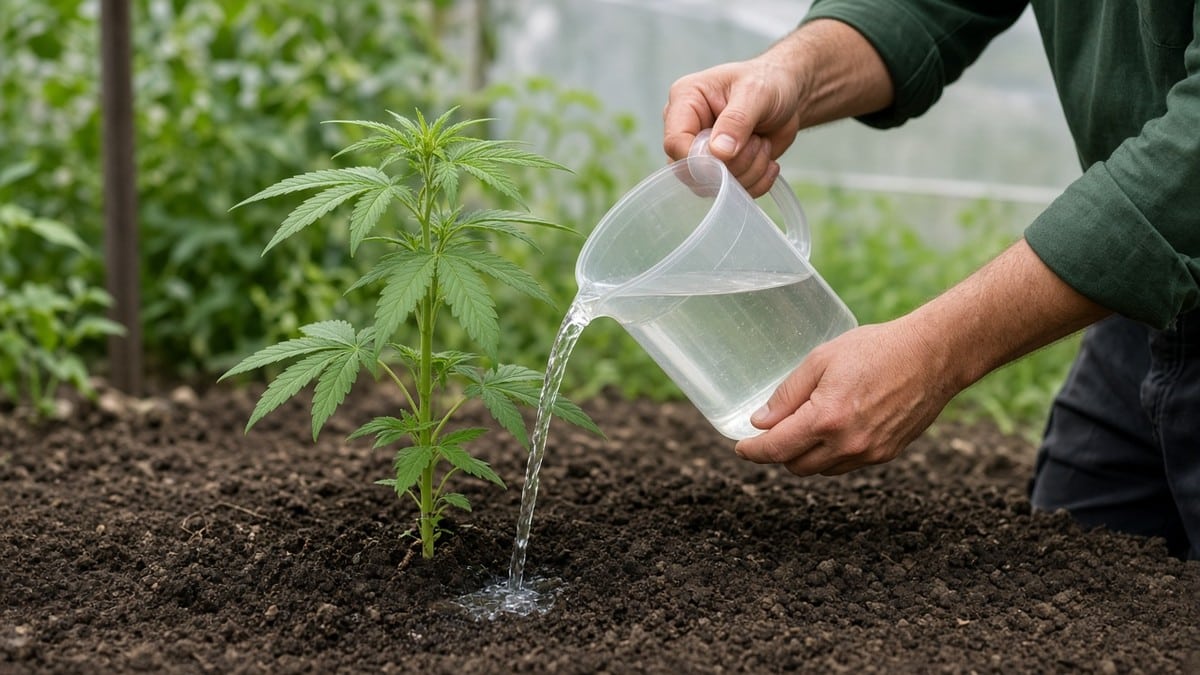 Grower pouring a soil drench at the base of a cannabis plant for beneficial nematode application.
