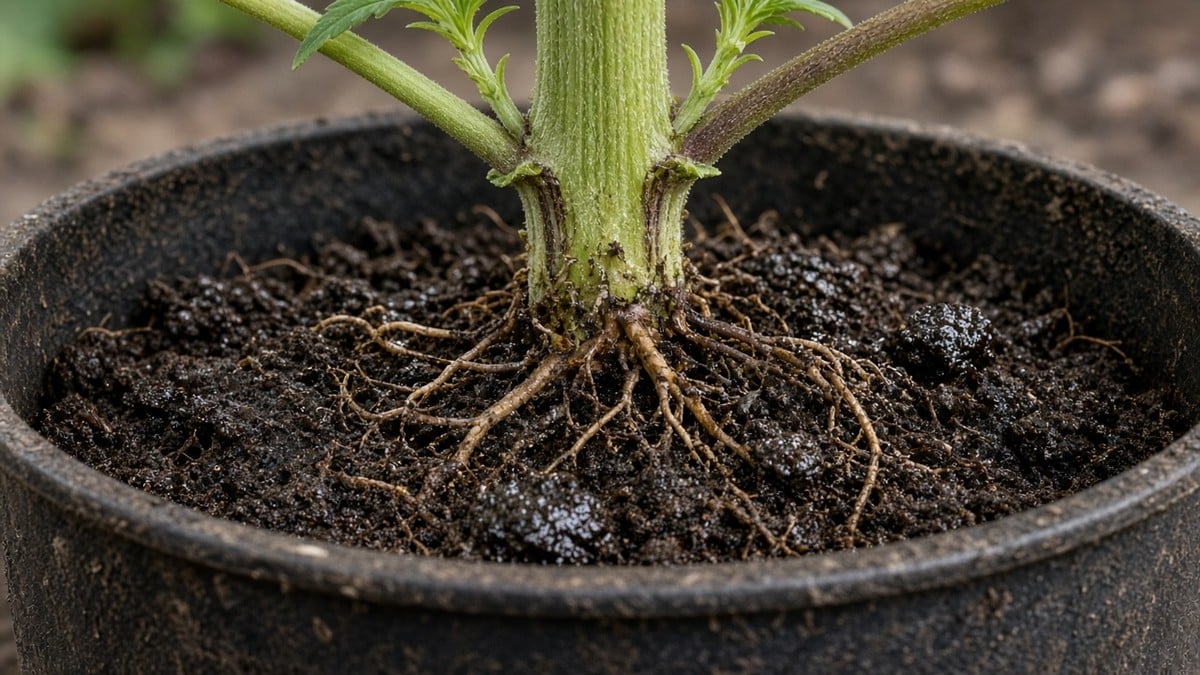 Healthy moist soil and exposed root zone at the base of a cannabis plant in a pot.