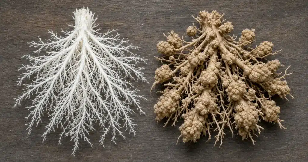 Healthy white roots beside roots covered in knobby root-knot galls on a dark board