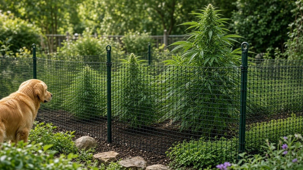 Mesh fence protecting outdoor cannabis plants from pets.